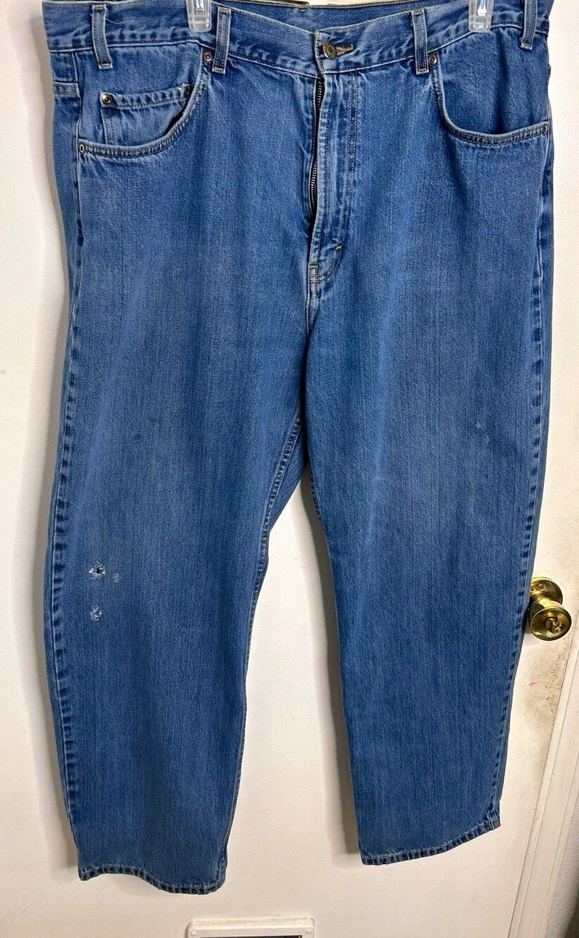 Kirkland Signature Mens Jeans 40x30 Blue Denim Medium Wash Distressed Stain